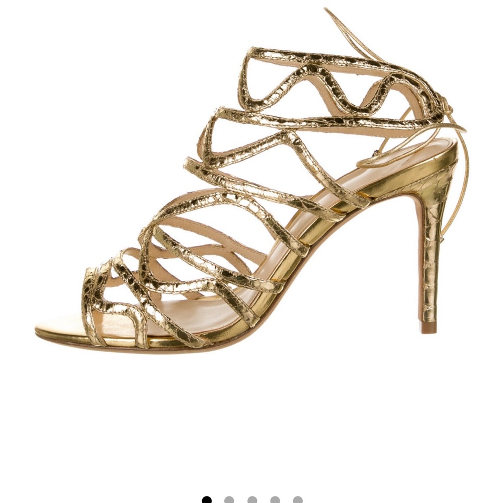 Alexandre Birman gold lace up heels sandals size 6.5 snake print 3.75 heel